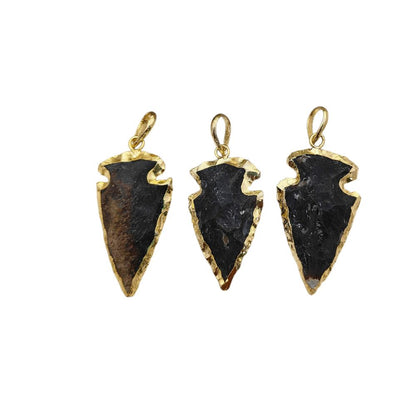 Black Agate Arrowhead Pendant with Gold Plated Edges Tribal Style Gemstone Charm for Handmade Jewelry- Selling Per Piece