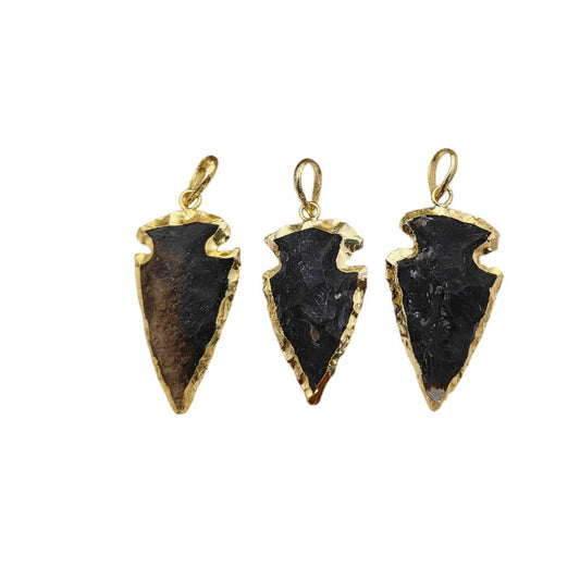 Black Agate Arrowhead Pendant with Gold Plated Edges Tribal Style Gemstone Charm for Handmade Jewelry- Selling Per Piece