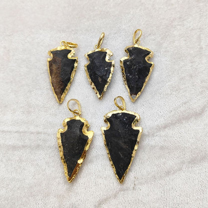 Black Agate Arrowhead Pendant with Gold Plated Edges Tribal Style Gemstone Charm for Handmade Jewelry- Selling Per Piece