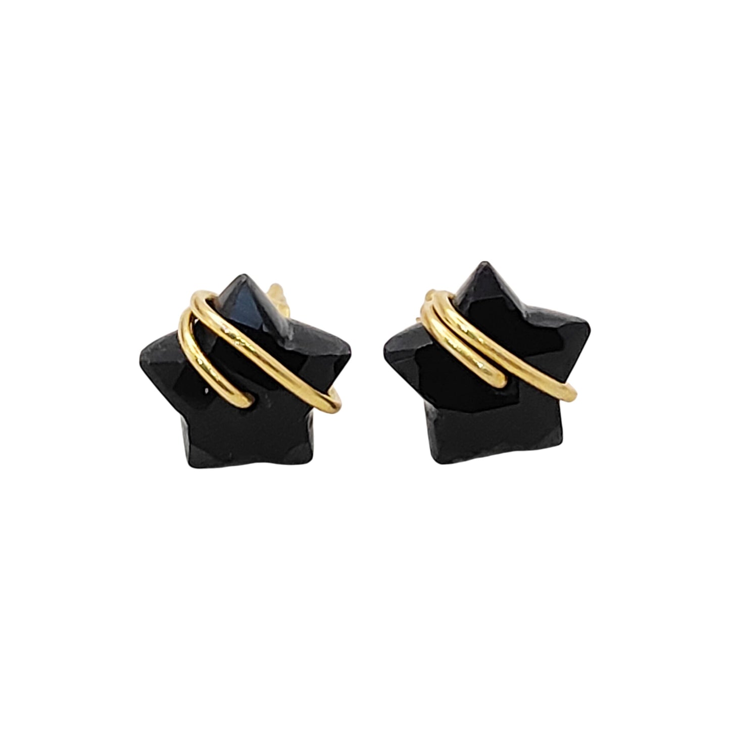 Handmade 10mm Black Onyx Star Earrings – Gold Plated Sterling Silver, Wire Wrapped, Dainty Boho Jewelry for Women- Selling Per Pair
