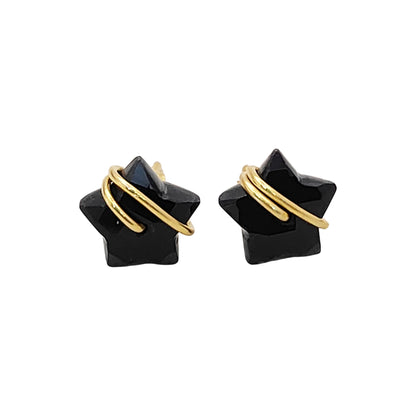 Handmade 10mm Black Onyx Star Earrings – Gold Plated Sterling Silver, Wire Wrapped, Dainty Boho Jewelry for Women- Selling Per Pair