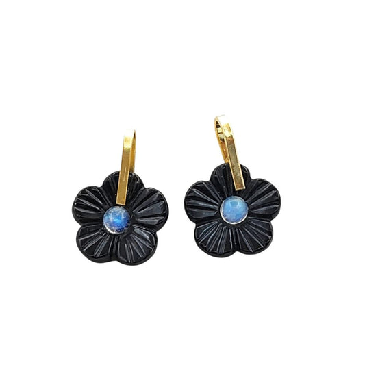 Black Onyx Carved Floral Gemstone Pendant Handmade Charm in Gold Plated 925 Sterling Silver- Selling Per Piece