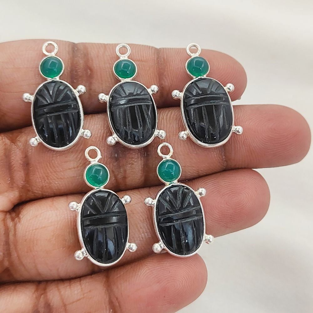 925 Sterling Silver Turtle Pendant with Hand-Carved Black Onyx & Green Onyx Natural Stone Boho Necklace Charm – Selling Per Piece