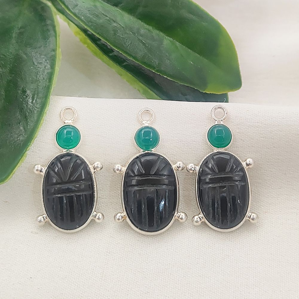 925 Sterling Silver Turtle Pendant with Hand-Carved Black Onyx & Green Onyx Natural Stone Boho Necklace Charm – Selling Per Piece