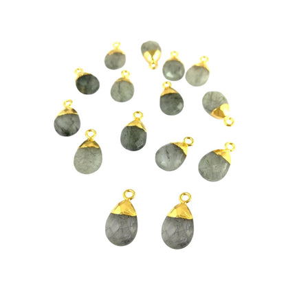 Gold Electroplated 13x9mm Handmade Black Rutile Gemstone Teardrop Charm Pear Cut Pendant for DIY Jewelry Making – Selling Per Piece