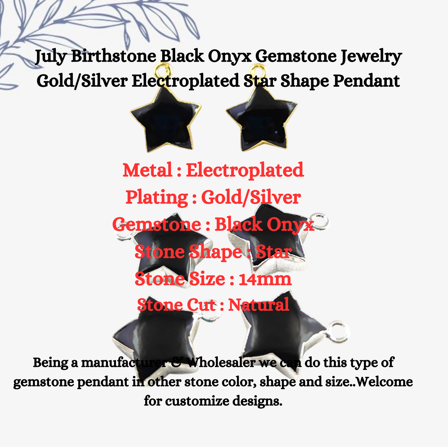 July Birthstone Black Onyx Gemstone Jewelry Gold/Silver Electroplated Star Shape Pendant For Women- Selling Per Piece