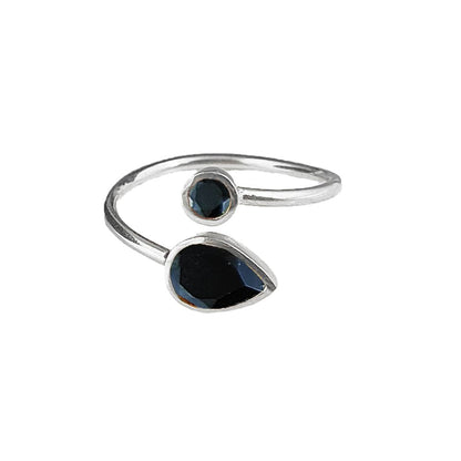 Adjustable handmade sterling silver ring with two black onyx gemstones, open band design, perfect gift for women