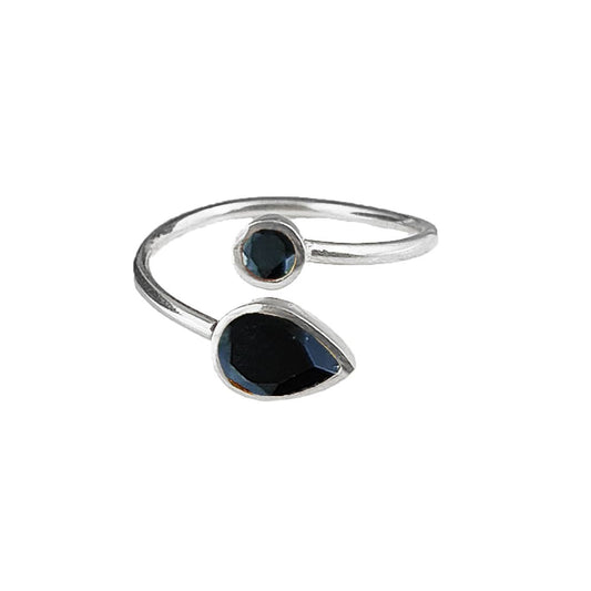 Adjustable handmade sterling silver ring with two black onyx gemstones, open band design, perfect gift for women
