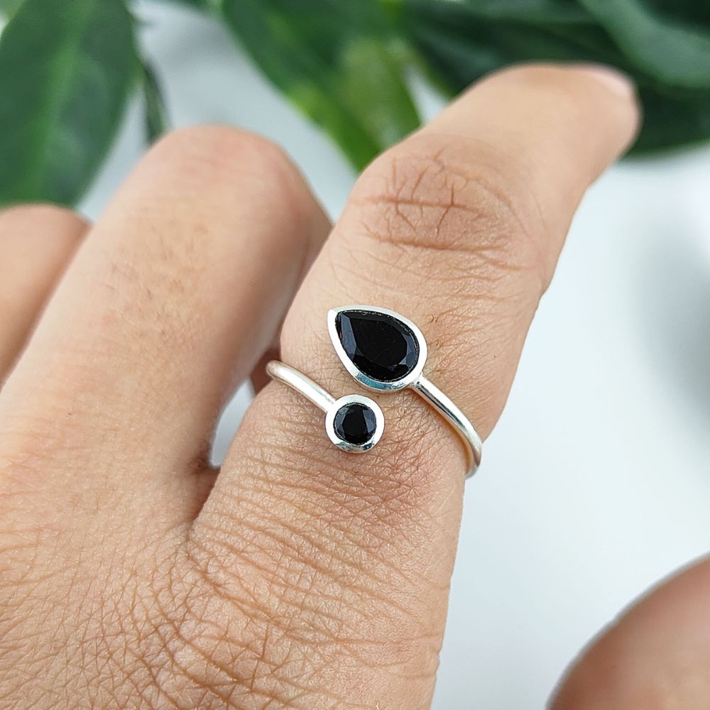 Elegant double black onyx gemstone ring in sterling silver, handmade adjustable design