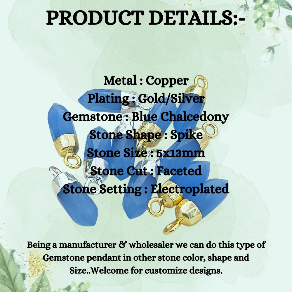 Blue Chalcedony Spike Crystal Pendant with Electroplated Gold or Silver Cap Natural Gemstone Charm for DIY Necklace Jewelry Supply