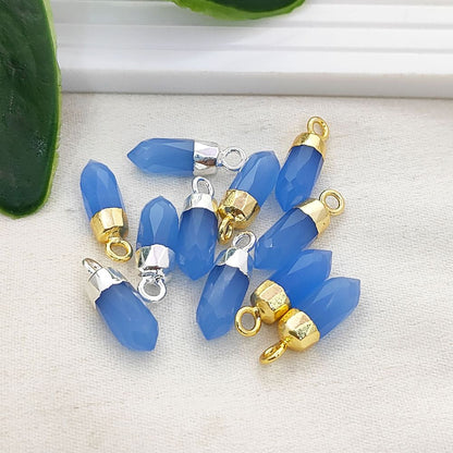Blue Chalcedony Spike Crystal Pendant with Electroplated Gold or Silver Cap Natural Gemstone Charm for DIY Necklace Jewelry Supply