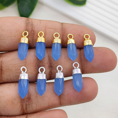 Blue Chalcedony Spike Crystal Pendant with Electroplated Gold or Silver Cap Natural Gemstone Charm for DIY Necklace Jewelry Supply