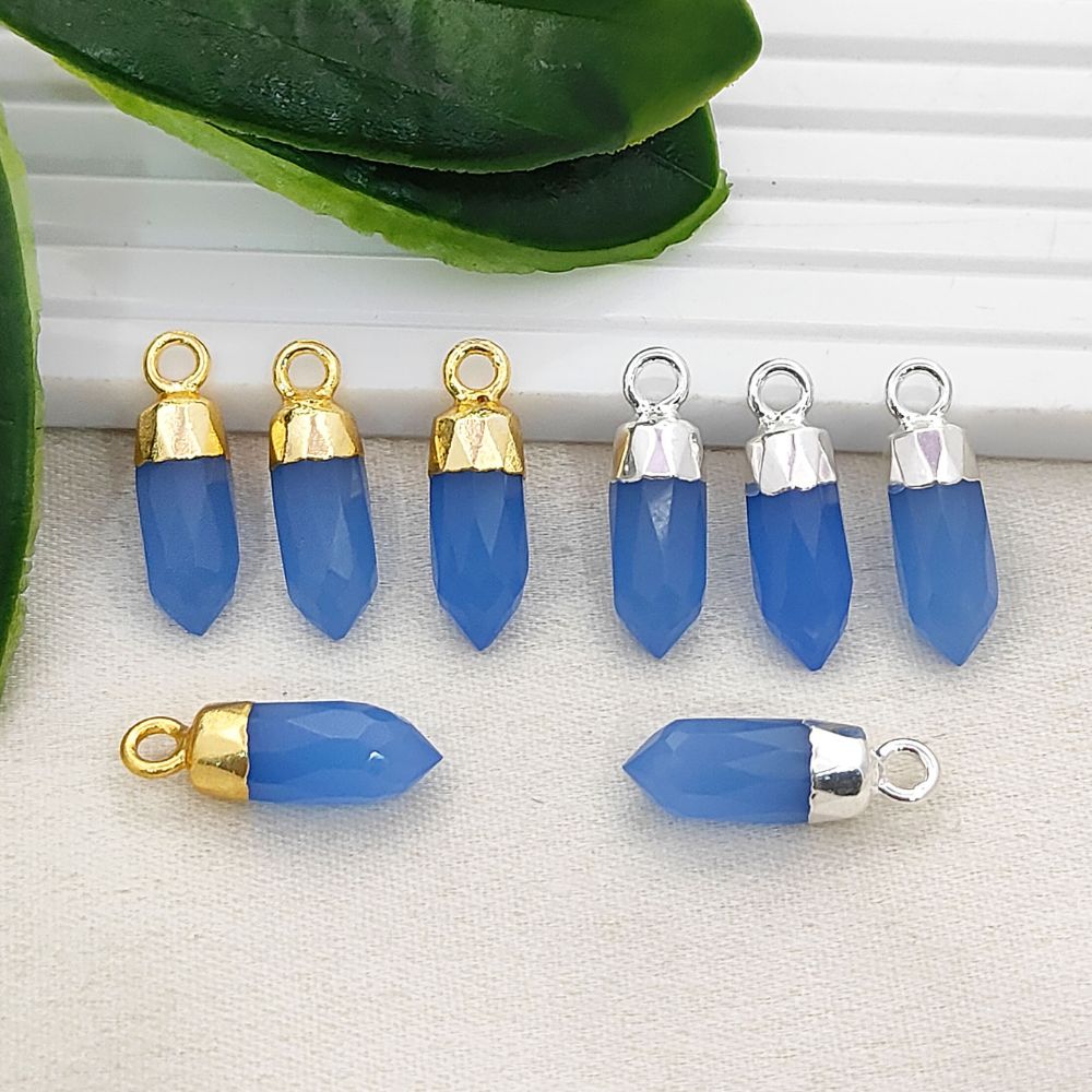 Blue Chalcedony Spike Crystal Pendant with Electroplated Gold or Silver Cap Natural Gemstone Charm for DIY Necklace Jewelry Supply