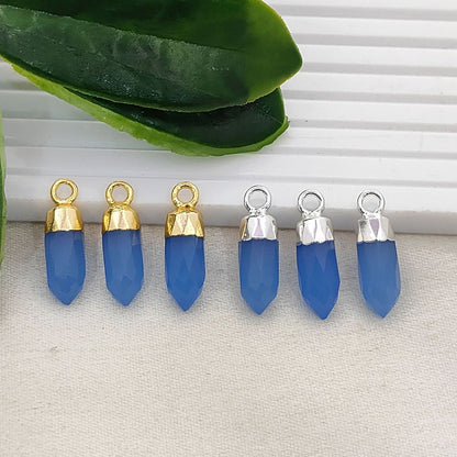 Blue Chalcedony Spike Crystal Pendant with Electroplated Gold or Silver Cap Natural Gemstone Charm for DIY Necklace Jewelry Supply