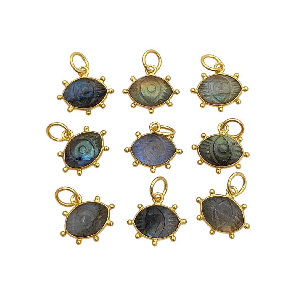 Blue Fire Labradorite Evil Eye Charm Handmade 925 Sterling Silver Gold Plated Marquise Spiritual Healing Gemstone Jewelry- Selling Per Piece