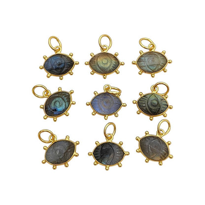 Blue Fire Labradorite Evil Eye Charm Handmade 925 Sterling Silver Gold Plated Marquise Spiritual Healing Gemstone Jewelry- Selling Per Piece