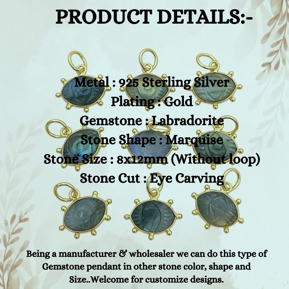 Blue Fire Labradorite Evil Eye Charm Handmade 925 Sterling Silver Gold Plated Marquise Spiritual Healing Gemstone Jewelry- Selling Per Piece