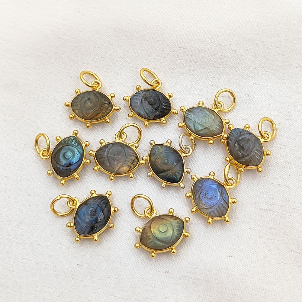 Blue Fire Labradorite Evil Eye Charm Handmade 925 Sterling Silver Gold Plated Marquise Spiritual Healing Gemstone Jewelry- Selling Per Piece