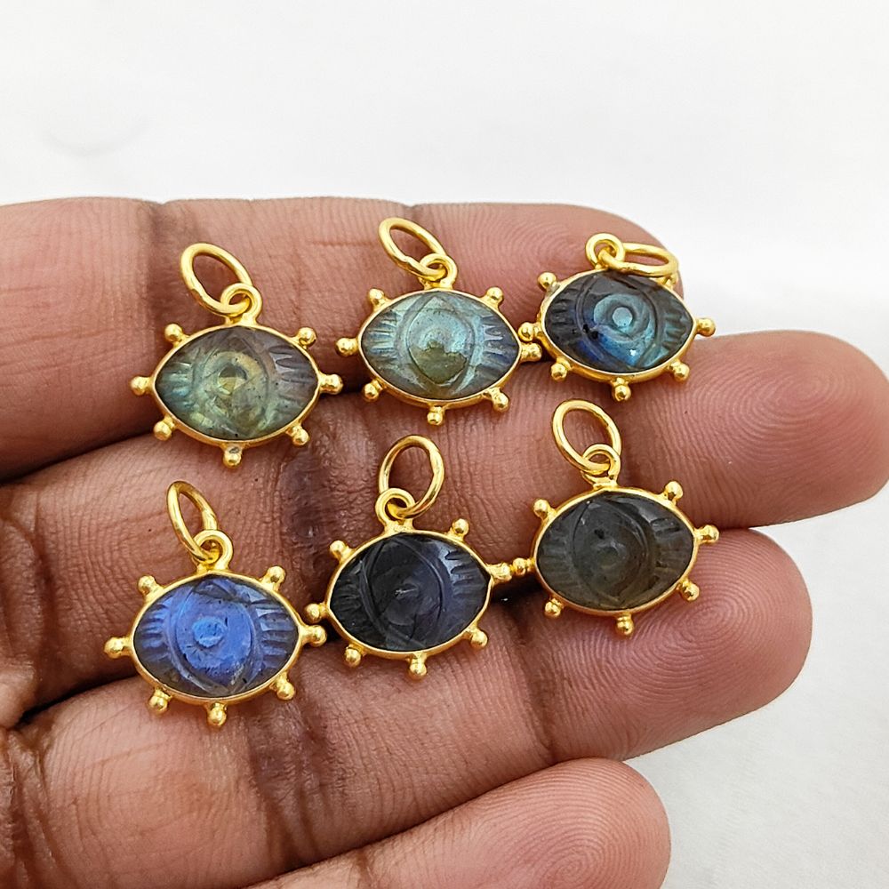 Blue Fire Labradorite Evil Eye Charm Handmade 925 Sterling Silver Gold Plated Marquise Spiritual Healing Gemstone Jewelry- Selling Per Piece