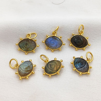 Blue Fire Labradorite Evil Eye Charm Handmade 925 Sterling Silver Gold Plated Marquise Spiritual Healing Gemstone Jewelry- Selling Per Piece