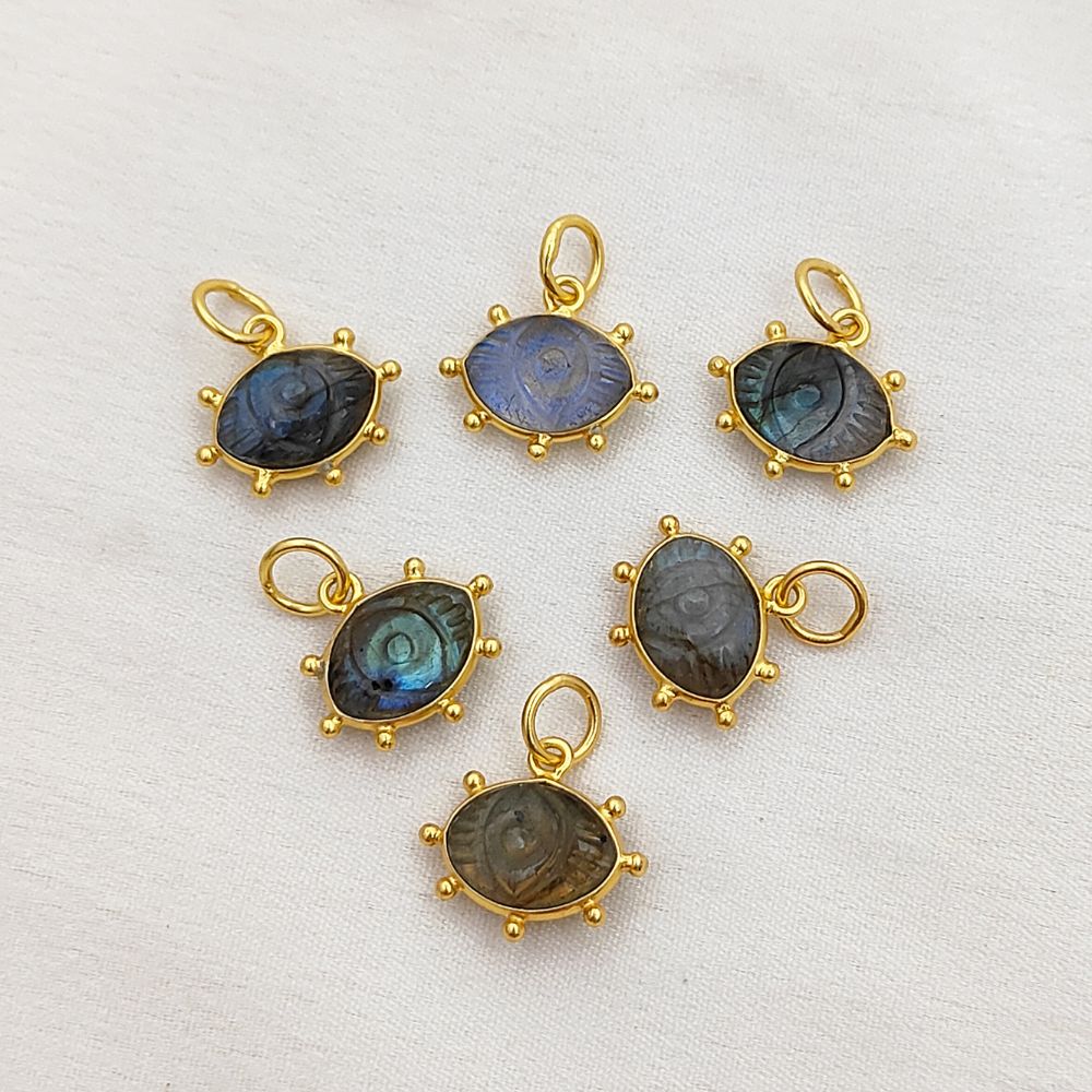 Blue Fire Labradorite Evil Eye Charm Handmade 925 Sterling Silver Gold Plated Marquise Spiritual Healing Gemstone Jewelry- Selling Per Piece