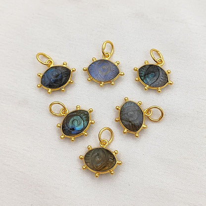 Blue Fire Labradorite Evil Eye Charm Handmade 925 Sterling Silver Gold Plated Marquise Spiritual Healing Gemstone Jewelry- Selling Per Piece