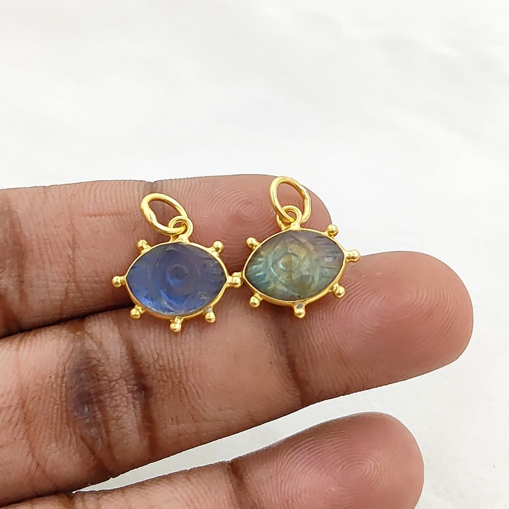 Blue Fire Labradorite Evil Eye Charm Handmade 925 Sterling Silver Gold Plated Marquise Spiritual Healing Gemstone Jewelry- Selling Per Piece