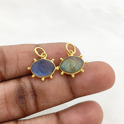 Blue Fire Labradorite Evil Eye Charm Handmade 925 Sterling Silver Gold Plated Marquise Spiritual Healing Gemstone Jewelry- Selling Per Piece