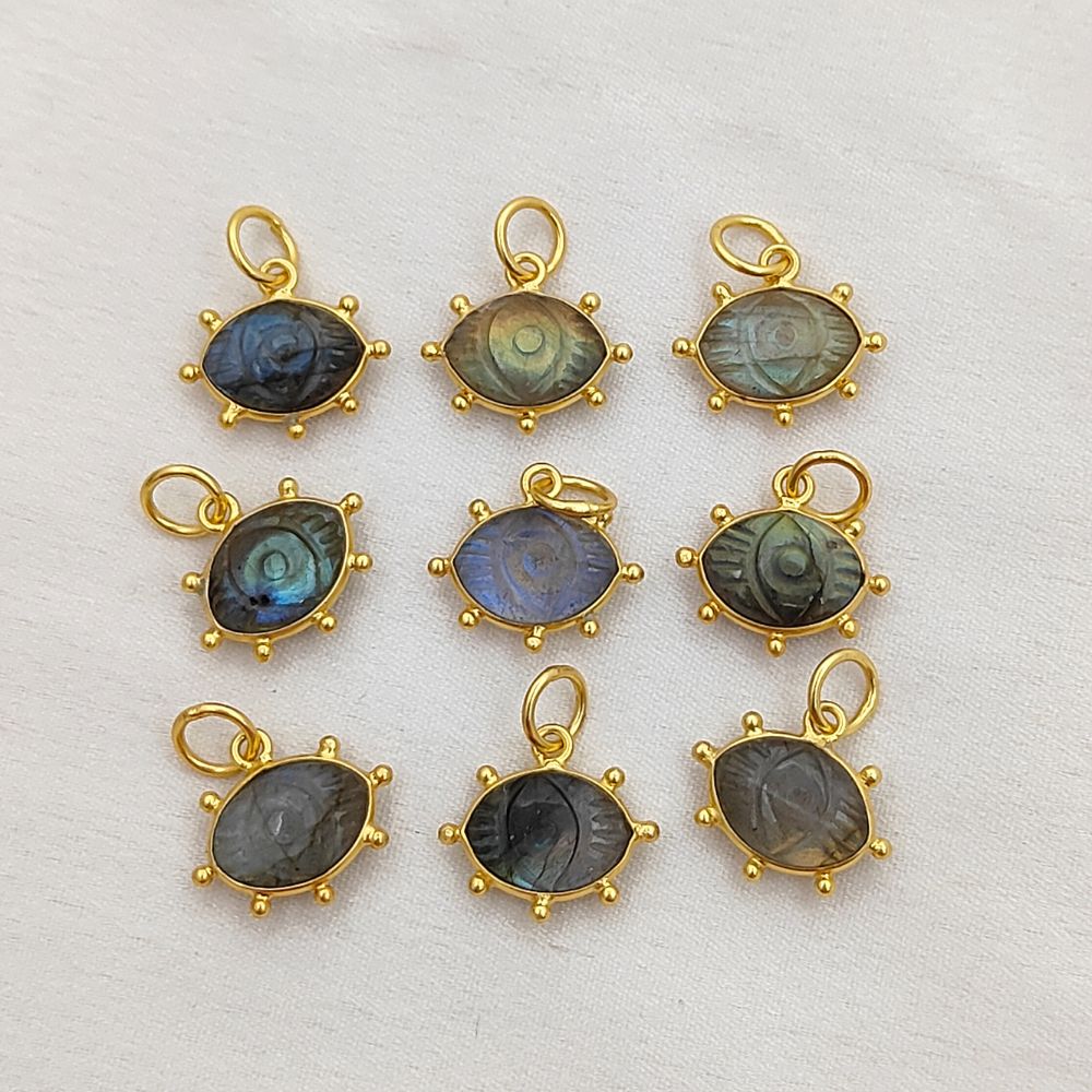 Blue Fire Labradorite Evil Eye Charm Handmade 925 Sterling Silver Gold Plated Marquise Spiritual Healing Gemstone Jewelry- Selling Per Piece