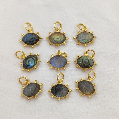 Blue Fire Labradorite Evil Eye Charm Handmade 925 Sterling Silver Gold Plated Marquise Spiritual Healing Gemstone Jewelry- Selling Per Piece