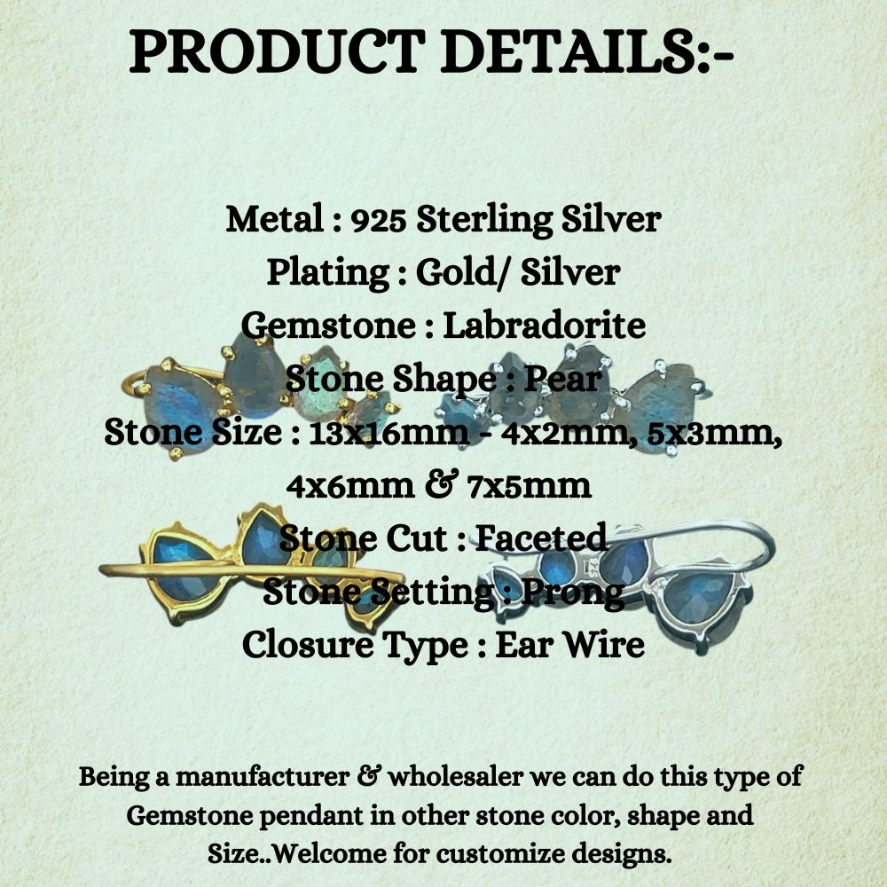 Blue Flash Labradorite Gold Plated 925 Sterling Silver Ear Climbers Statement Jewelry for Women