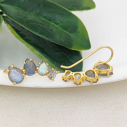 Blue Flash Labradorite Gold Plated 925 Sterling Silver Ear Climbers Statement Jewelry for Women