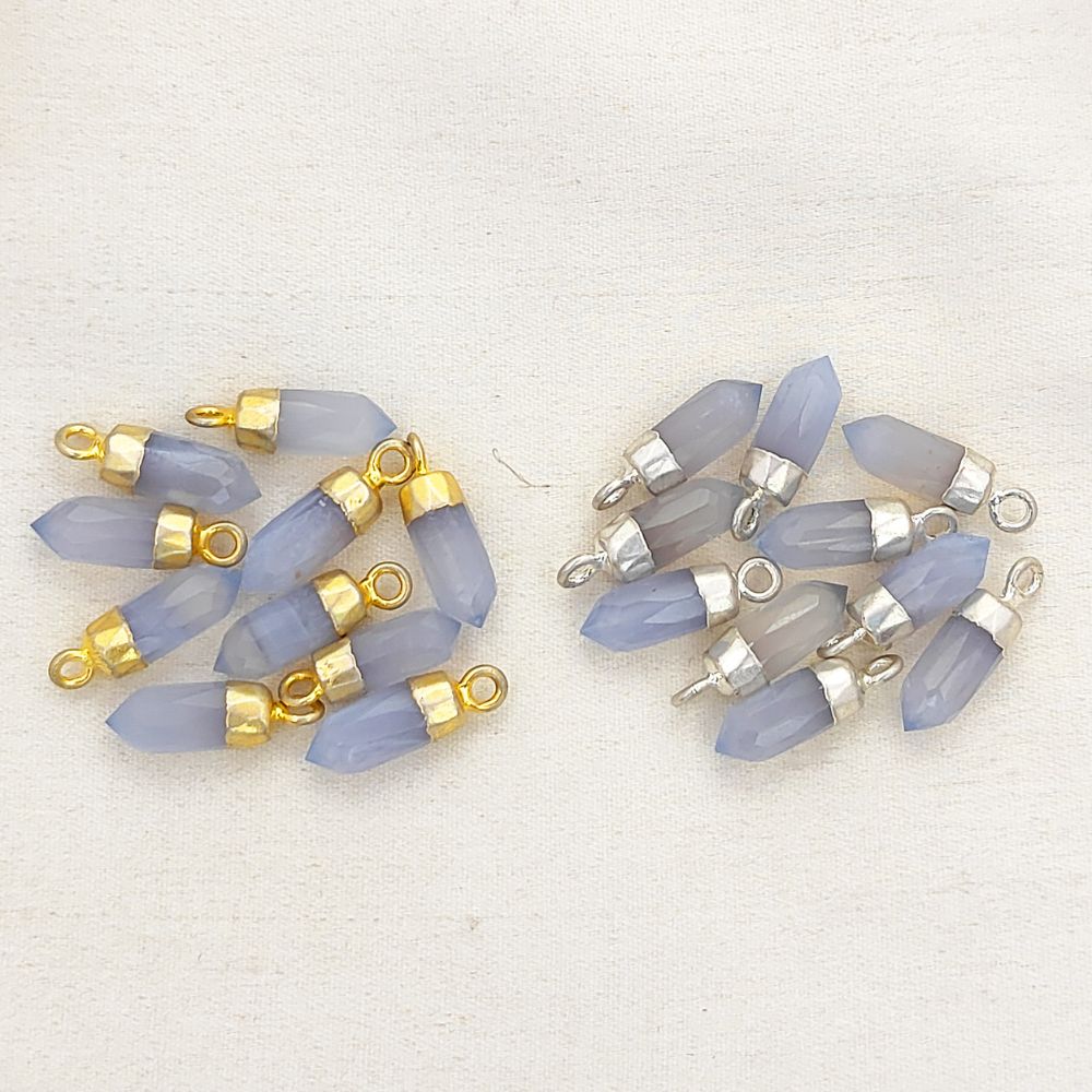 Blue Lace Agate Crystal Spike Pendant with Gold/Silver Electroplated Cap Boho Gemstone Charm for Necklace Making
