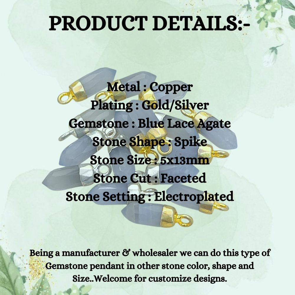 Blue Lace Agate Crystal Spike Pendant with Gold/Silver Electroplated Cap Boho Gemstone Charm for Necklace Making