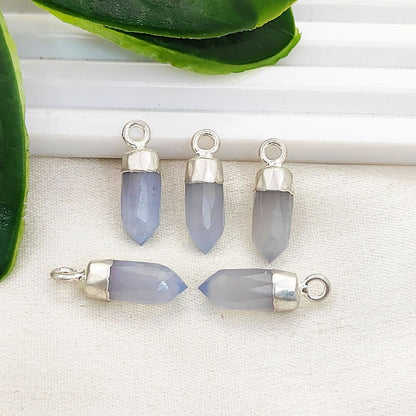 Blue Lace Agate Crystal Spike Pendant with Gold/Silver Electroplated Cap Boho Gemstone Charm for Necklace Making
