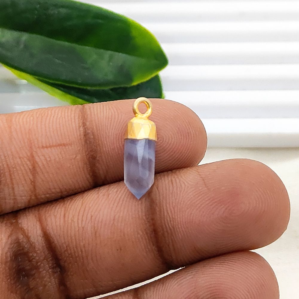 Blue Lace Agate Crystal Spike Pendant with Gold/Silver Electroplated Cap Boho Gemstone Charm for Necklace Making
