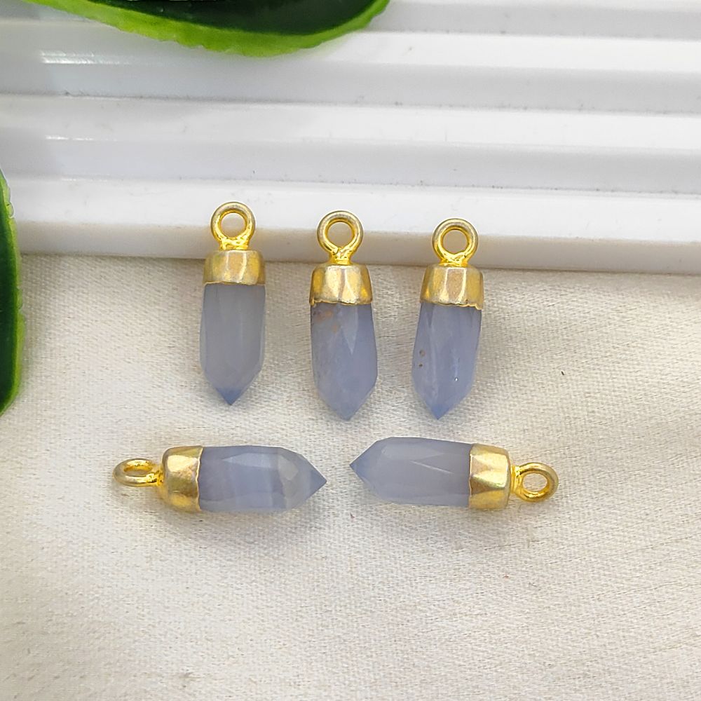 Blue Lace Agate Crystal Spike Pendant with Gold/Silver Electroplated Cap Boho Gemstone Charm for Necklace Making