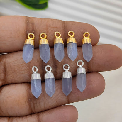 Blue Lace Agate Crystal Spike Pendant with Gold/Silver Electroplated Cap Boho Gemstone Charm for Necklace Making
