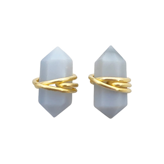 Minimalist Blue Opal Double Point Stud Earrings 12x5mm Gold Vermeil Tiny Crystal Jewelry- Selling Per Pair