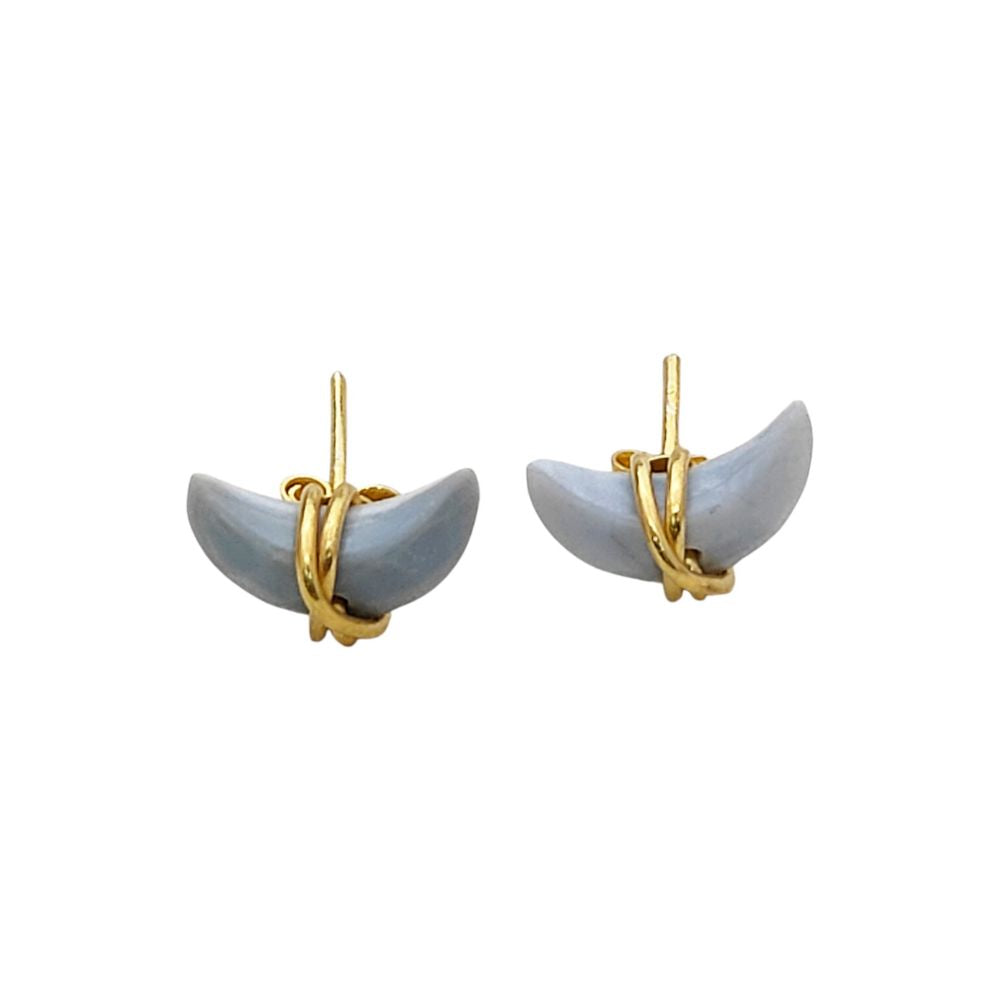 Blue Opal Crescent Earrings Handmade Dainty Half Moon Gemstone Studs in Gold Plated Sterling Silver- Selling Per Piece