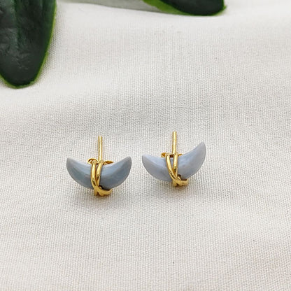 Blue Opal Crescent Earrings Handmade Dainty Half Moon Gemstone Studs in Gold Plated Sterling Silver- Selling Per Piece