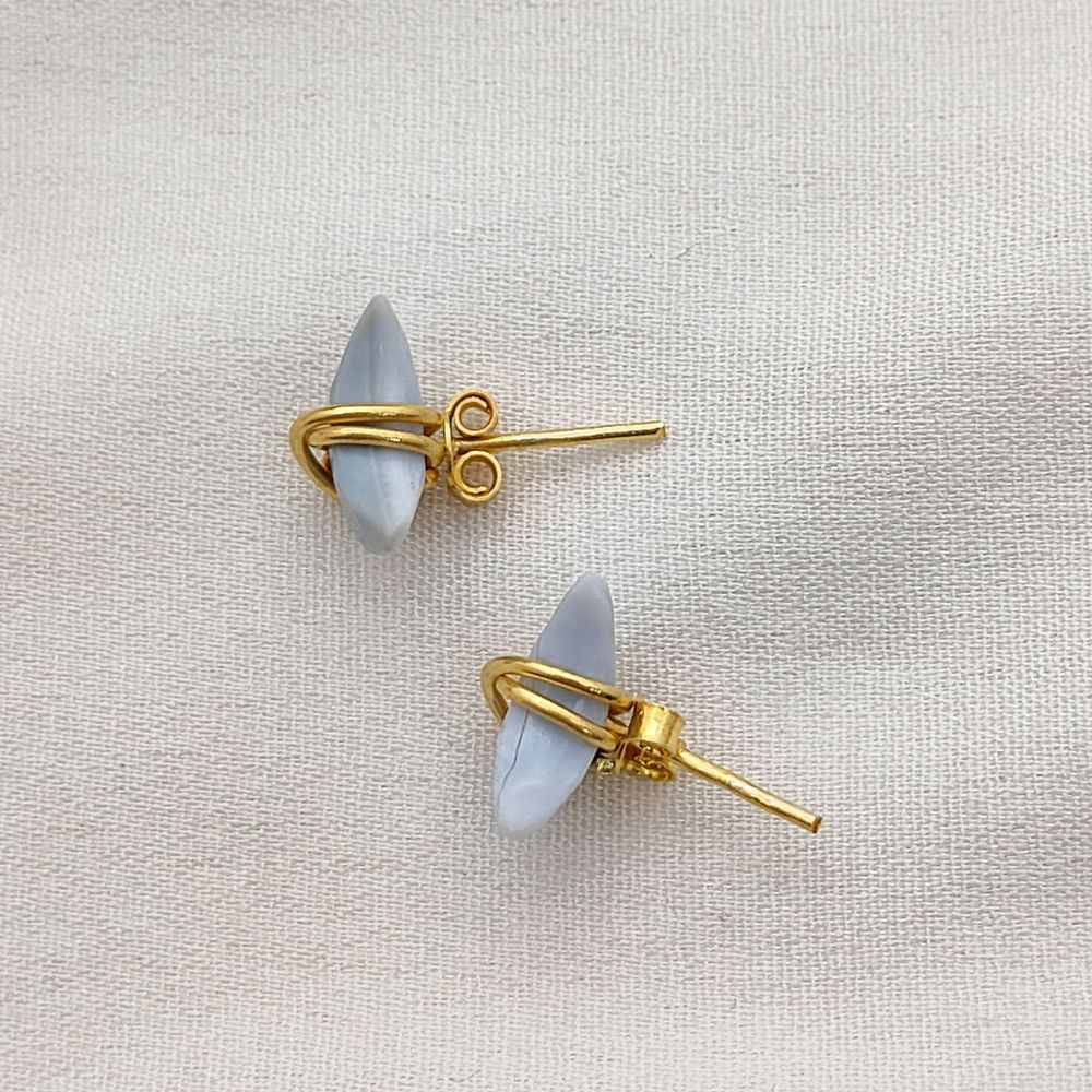 Blue Opal Crescent Earrings Handmade Dainty Half Moon Gemstone Studs in Gold Plated Sterling Silver- Selling Per Piece