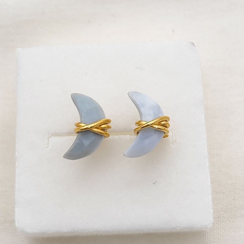 Blue Opal Crescent Earrings Handmade Dainty Half Moon Gemstone Studs in Gold Plated Sterling Silver- Selling Per Piece