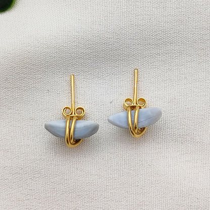 Blue Opal Crescent Earrings Handmade Dainty Half Moon Gemstone Studs in Gold Plated Sterling Silver- Selling Per Piece
