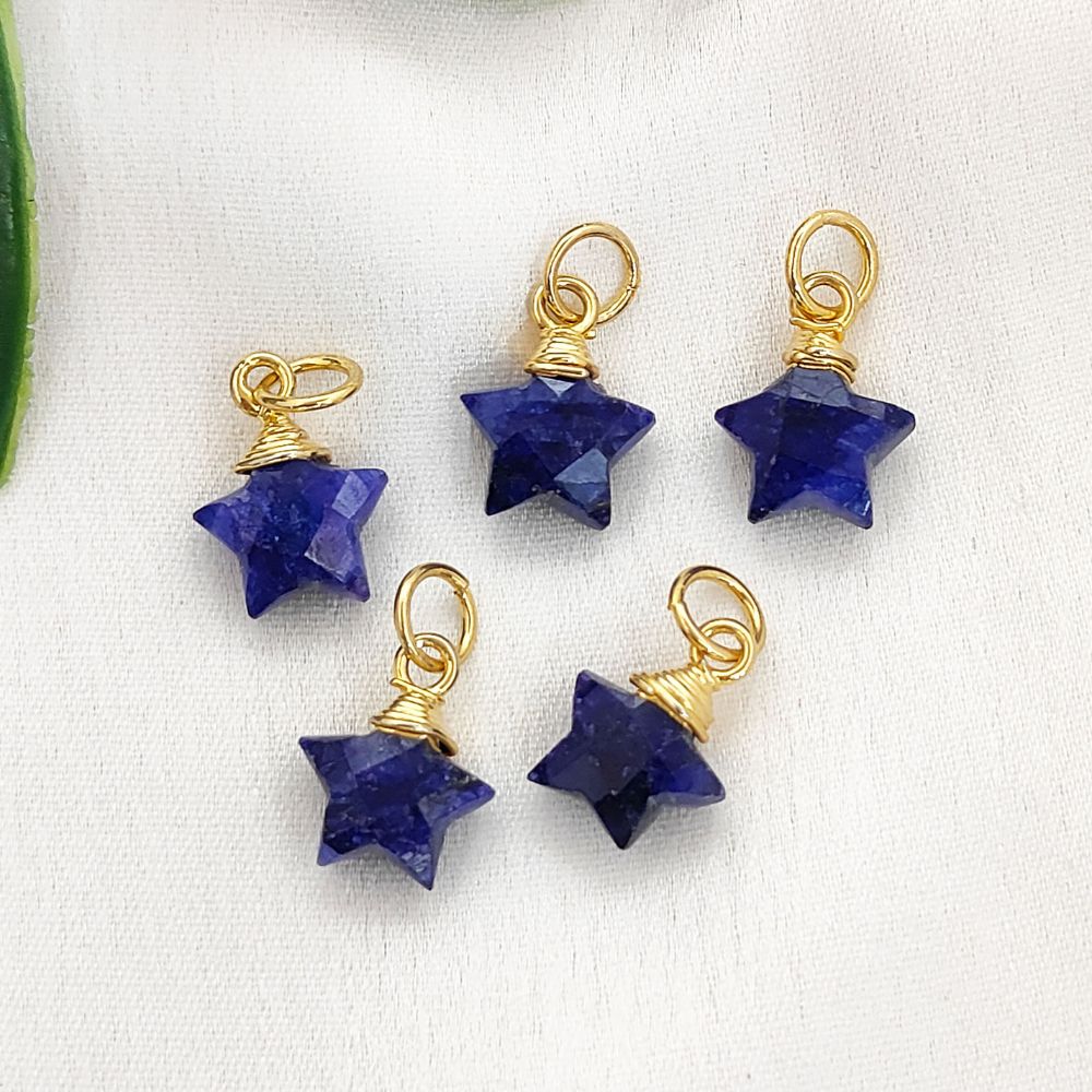 Blue Sapphire Gemstone Star Pendant September Birthstone Gold Wire Wrapped Crystal Charm for Jewelry Making