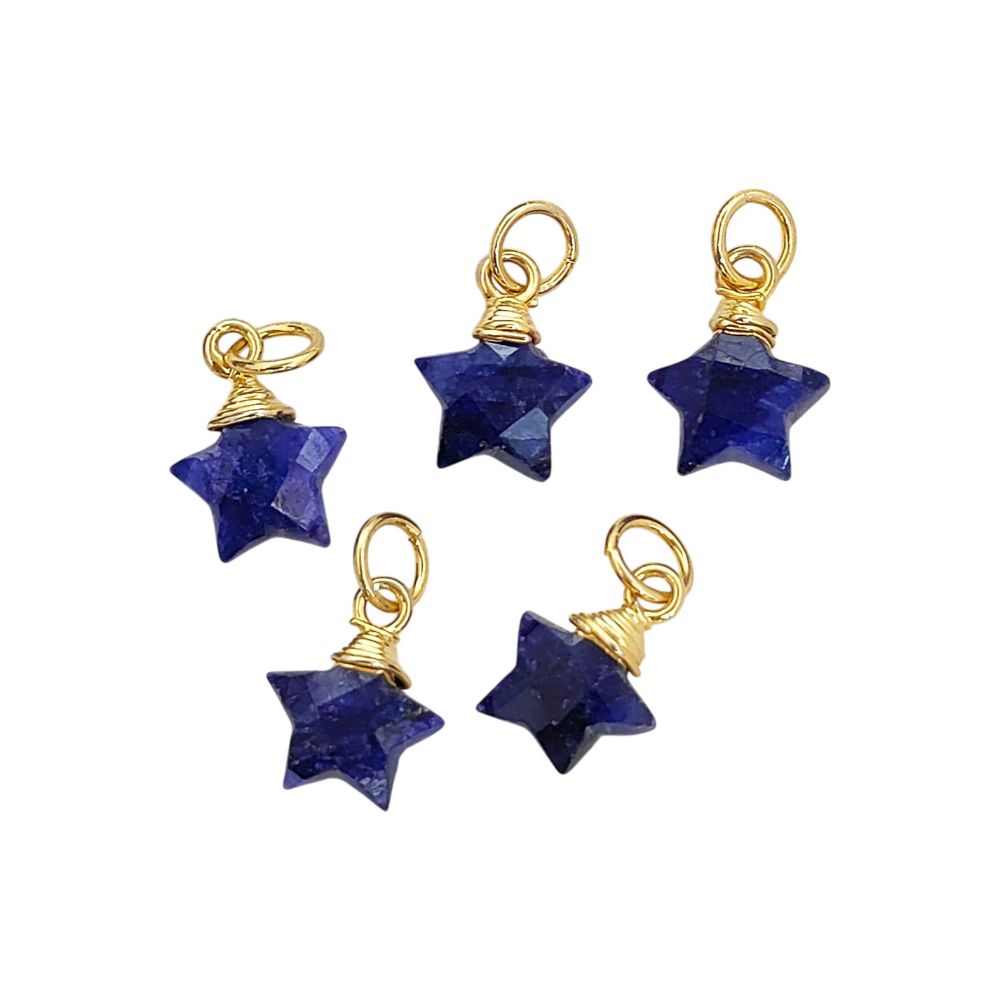 Blue Sapphire Gemstone Star Pendant September Birthstone Gold Wire Wrapped Crystal Charm for Jewelry Making