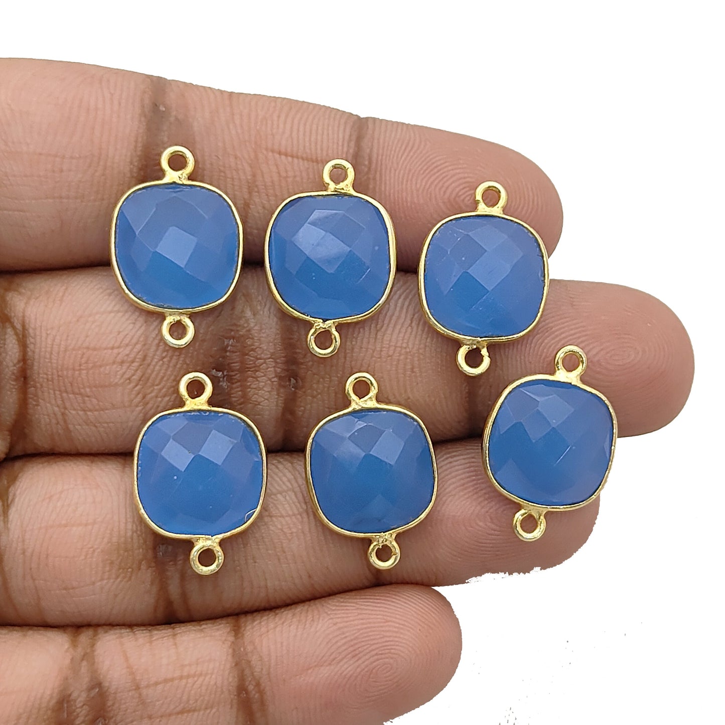 Blue Chalcedony Cushion Gemstone Connector Handmade Gold Plated 925 Silver Bezel Charm-Selling Per Piece