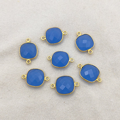 Blue Chalcedony Cushion Gemstone Connector Handmade Gold Plated 925 Silver Bezel Charm-Selling Per Piece