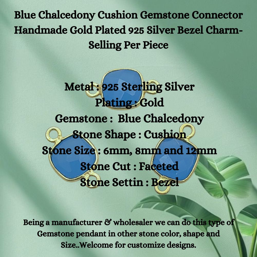 Faceted blue chalcedony handmade jewelry connector gold plated sterling silver charm