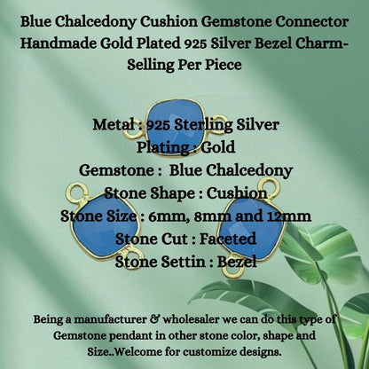 Faceted blue chalcedony handmade jewelry connector gold plated sterling silver charm